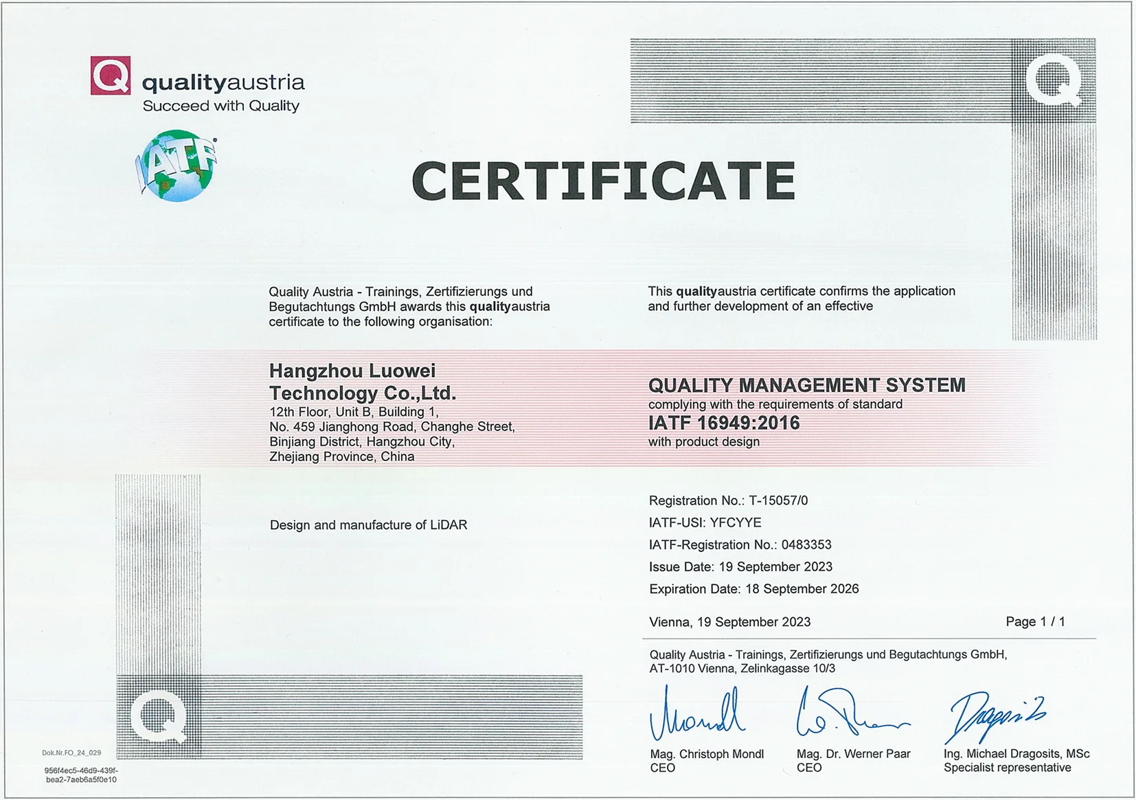 IATF16949 Quality Management System Certification